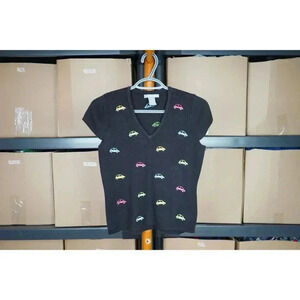 90s Eagle's Eye Black Knit Vneck Tshirt Women's S #400